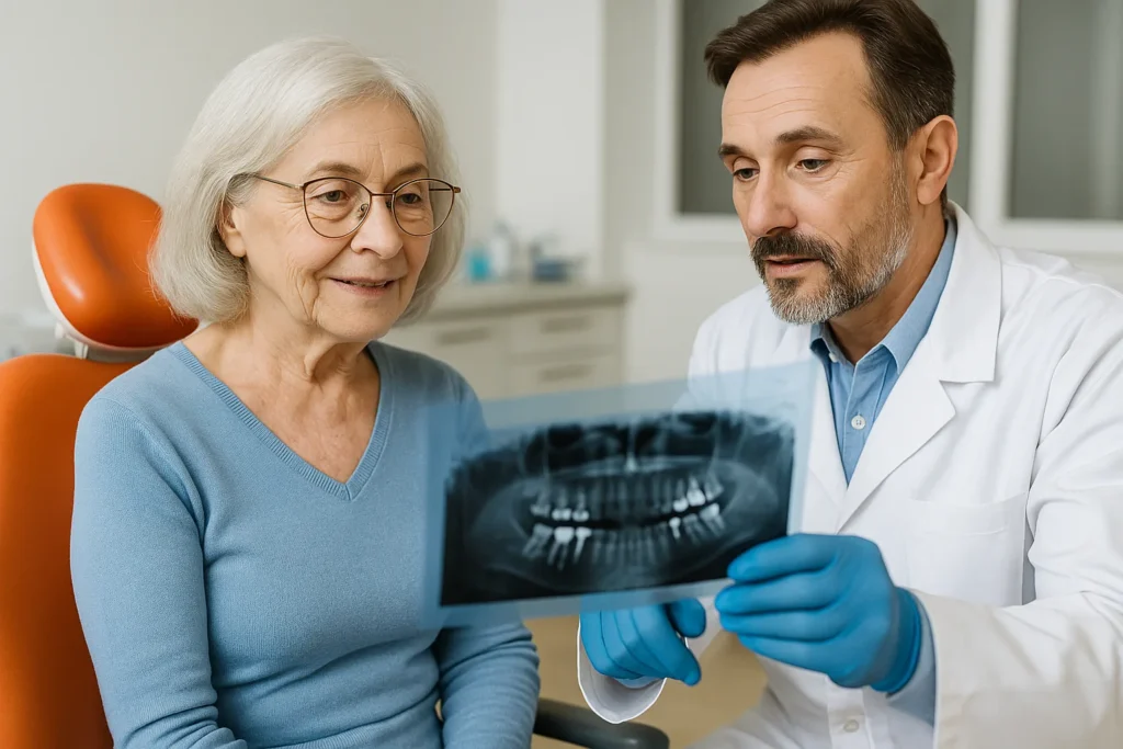 Femme senior en consultation dentaire, illustrant l’importance d’une mutuelle santé pour couvrir implants et prothèses après 60 ans.