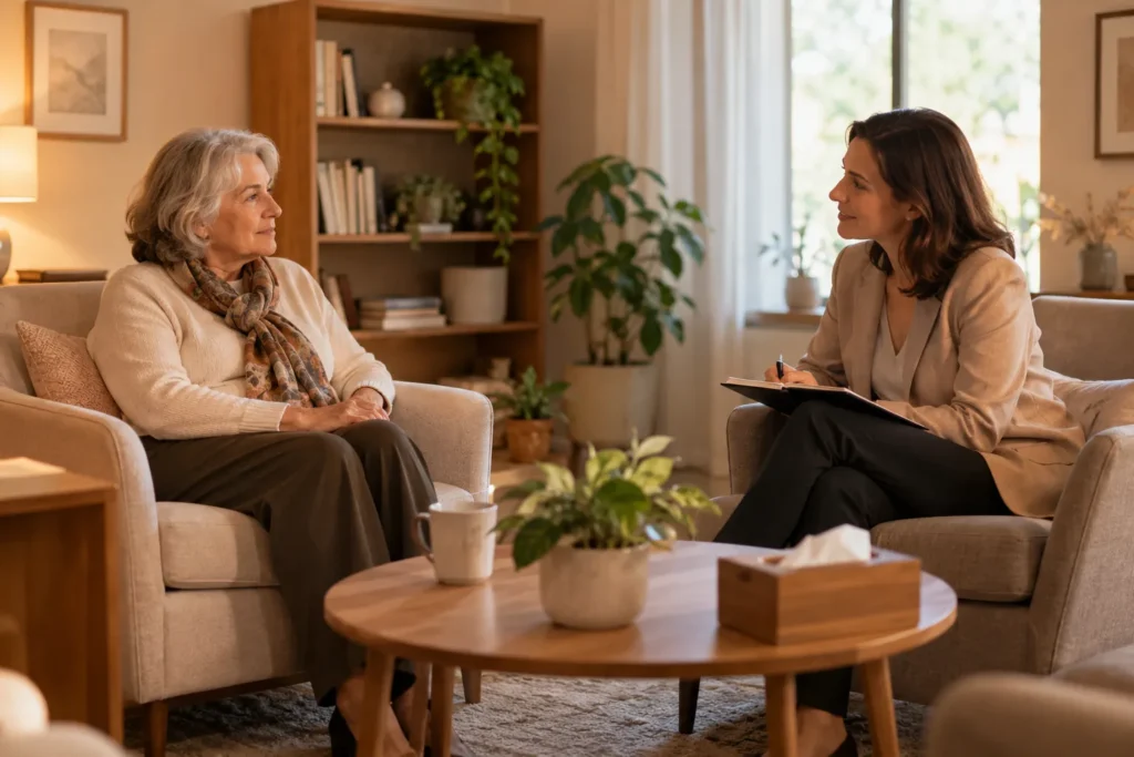 Femme senior en consultation avec un psychiatre