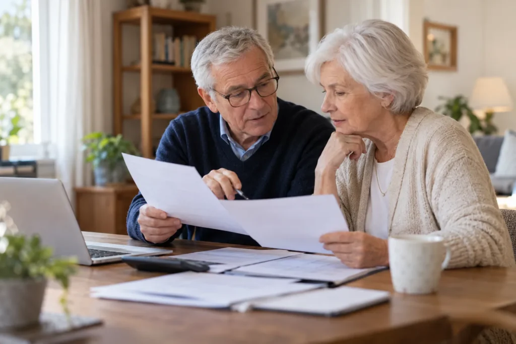 Couple de seniors comparant des documents de mutuelle