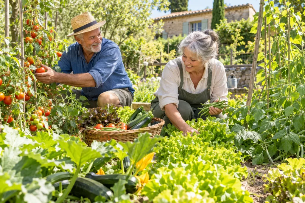 Couple de sexagénaires récoltant des légumes au potager