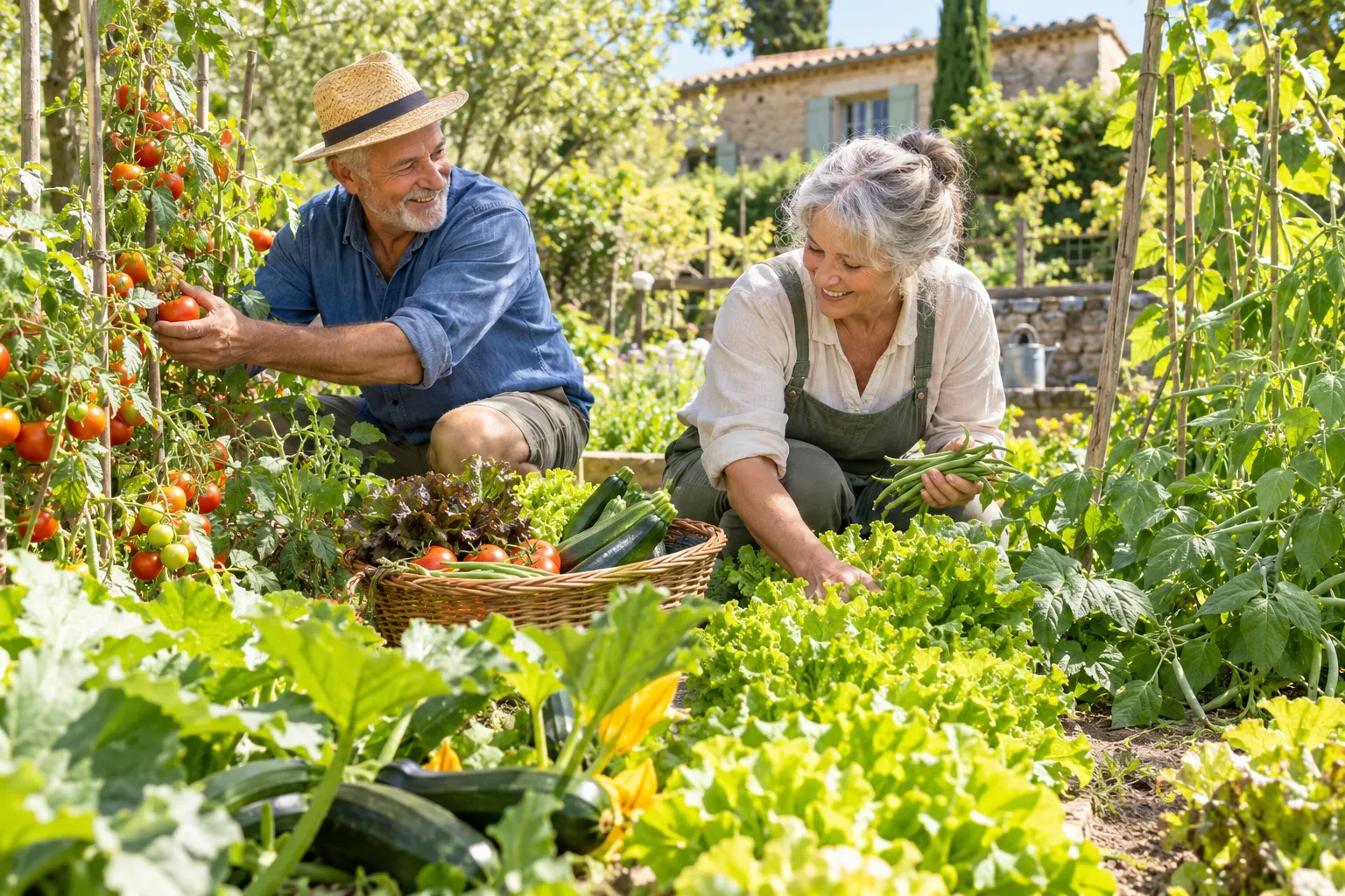 Couple de sexagénaires récoltant des légumes au potager