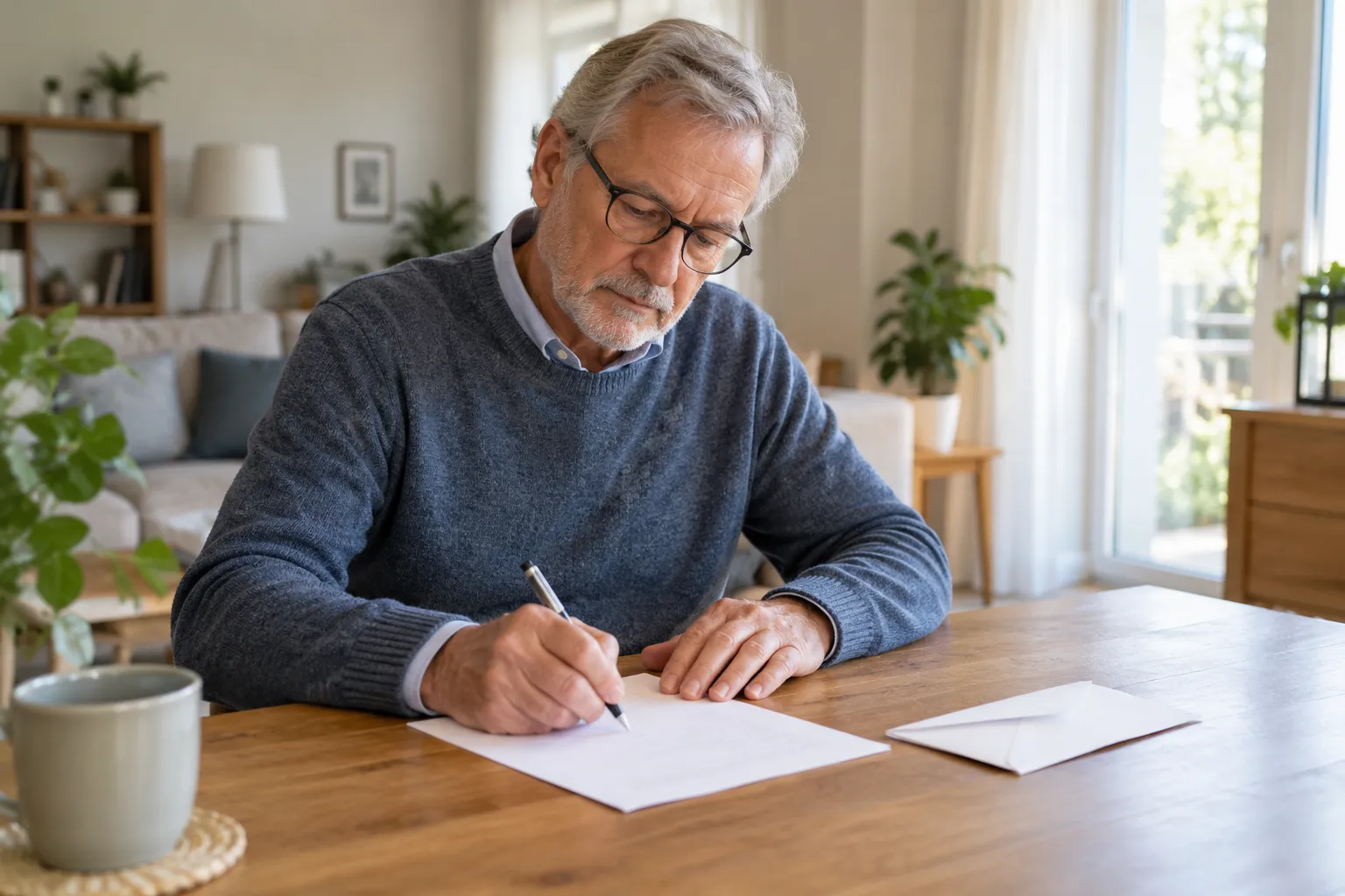Homme senior écrivant une lettre de résiliation