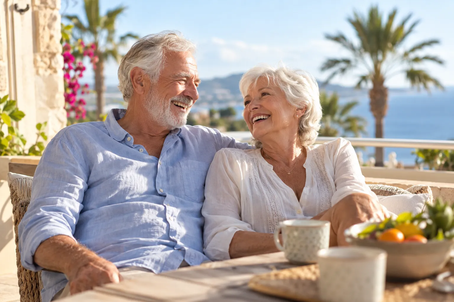 Couple de retraités riant sur une terrasse ensoleillée