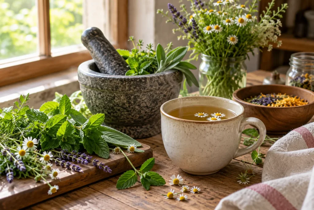 Tasse d'infusion, mortier et herbes aromatiques