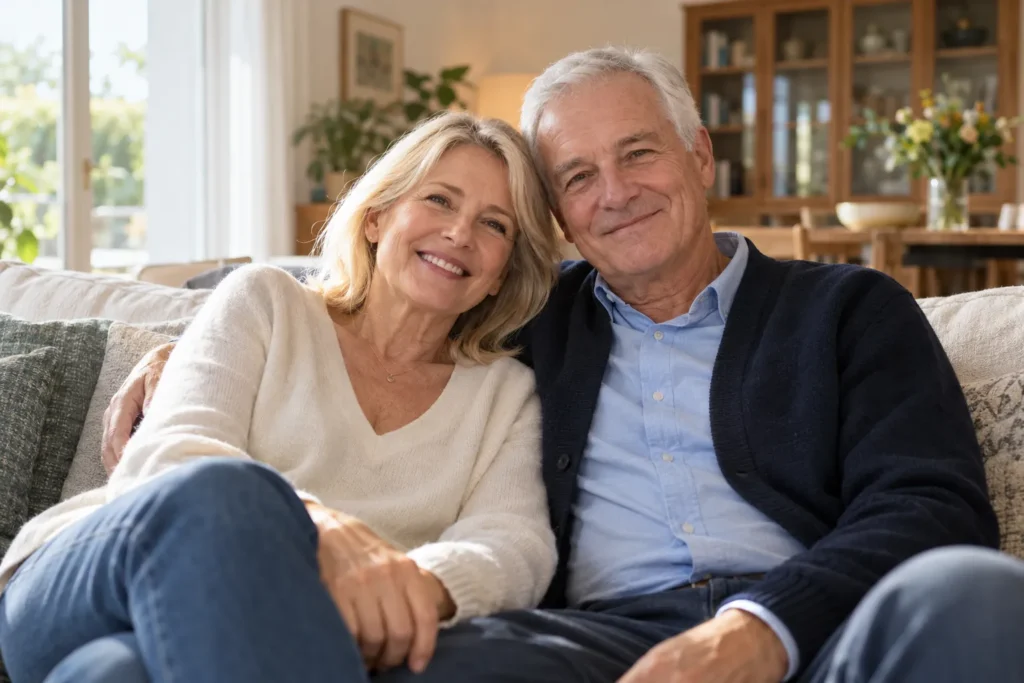 Couple de retraités souriants assis dans leur salon