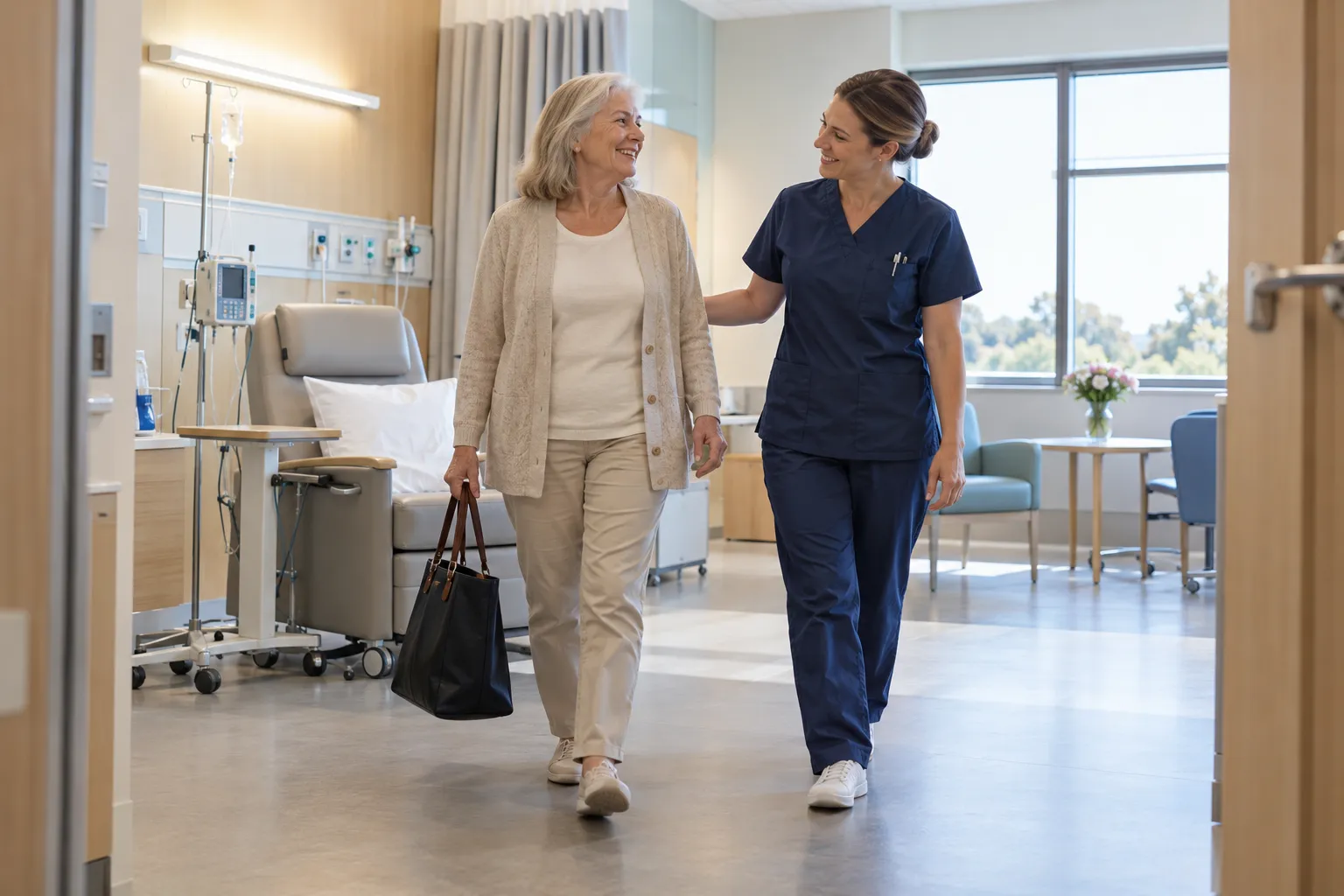 Patiente quittant l'hôpital de jour avec une infirmière
