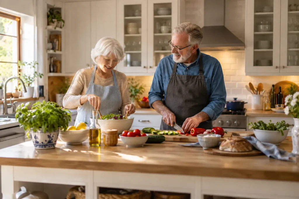Couple de retraités préparant le déjeuner