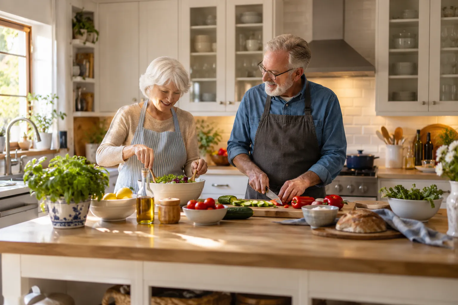 Couple de retraités préparant le déjeuner