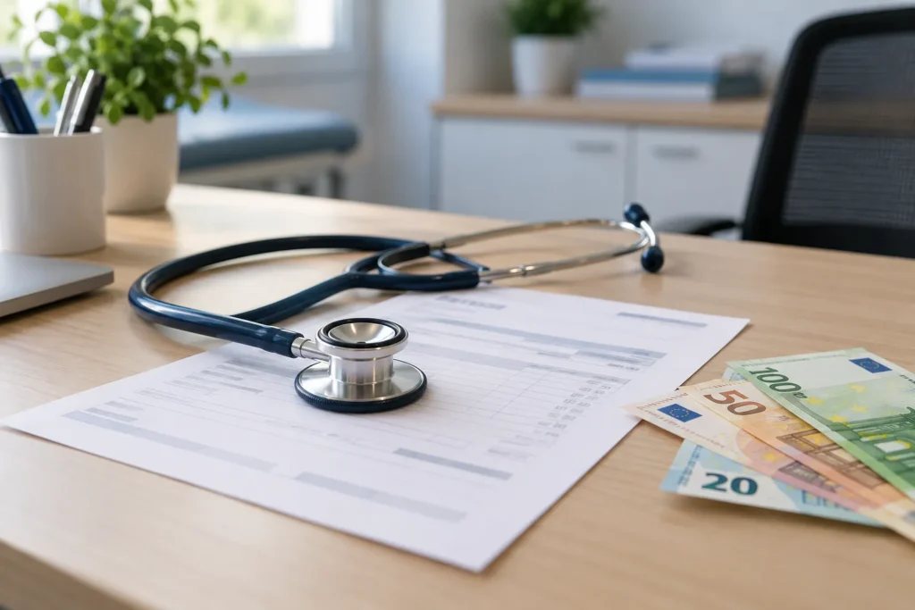 Stéthoscope posé sur une facture d'honoraires médicaux et des billets en euros
