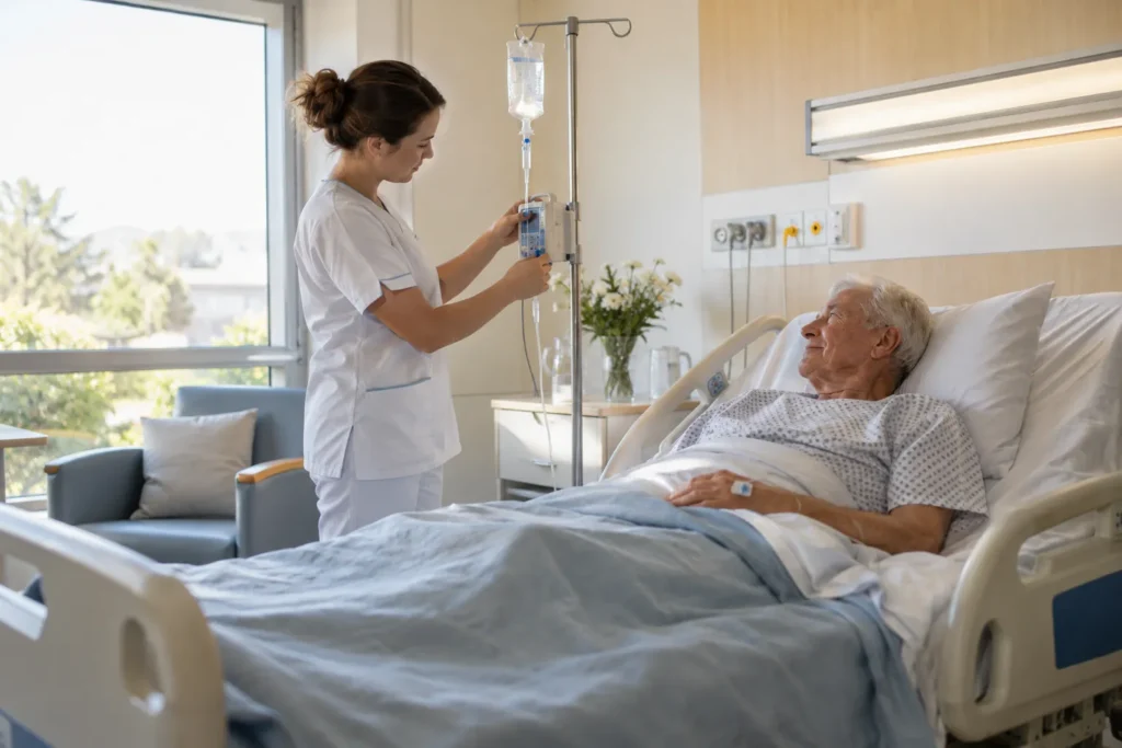Infirmière réglant une perfusion près d'un patient senior