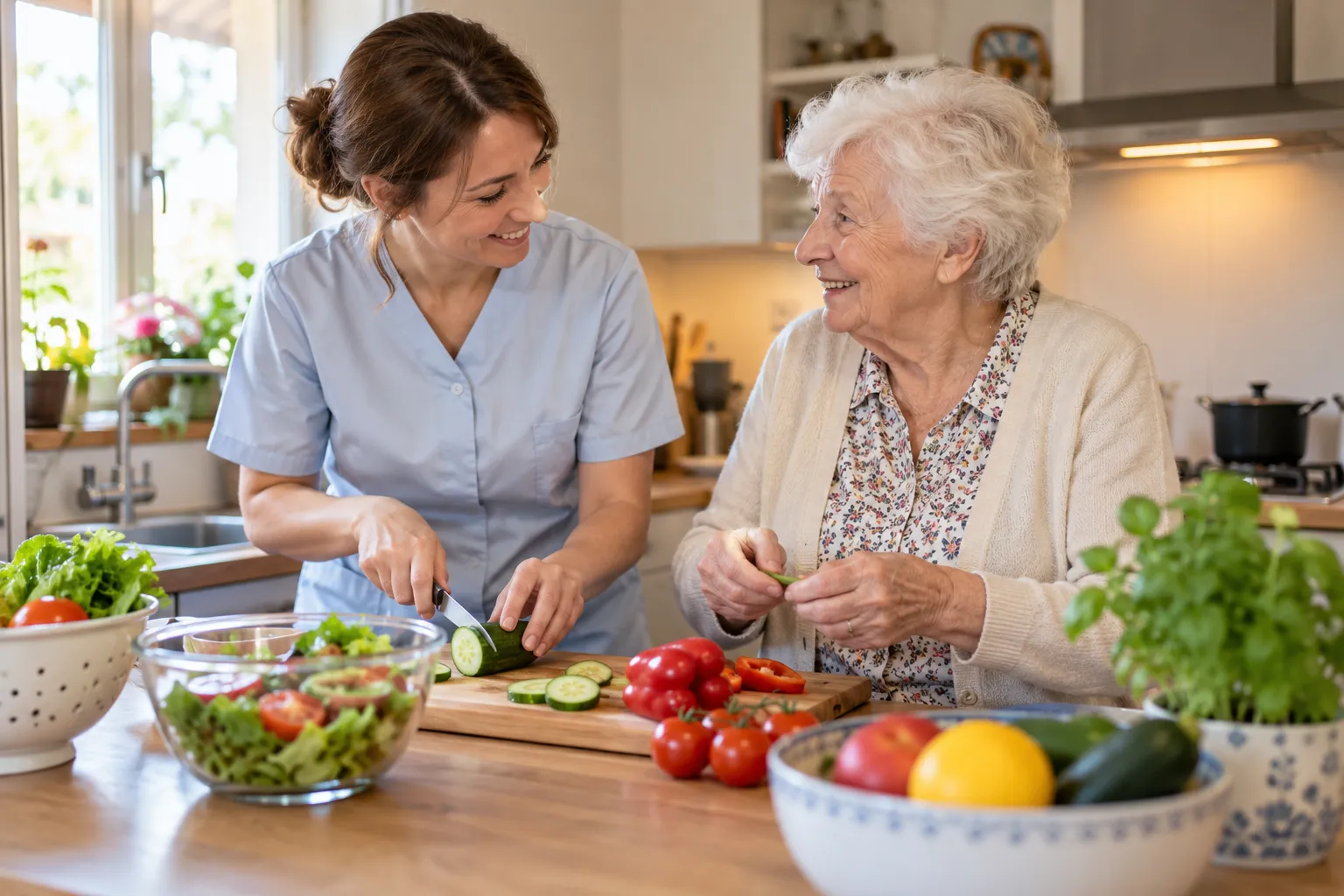 Aide à domicile aidant une femme âgée dans sa cuisine
