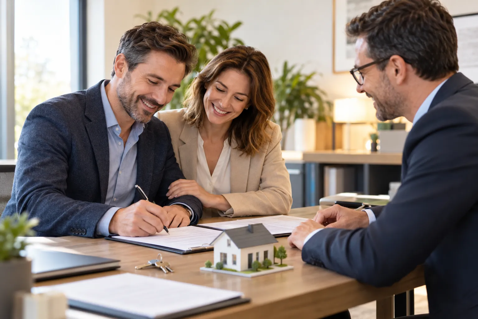 Couple signant un prêt immobilier chez un conseiller