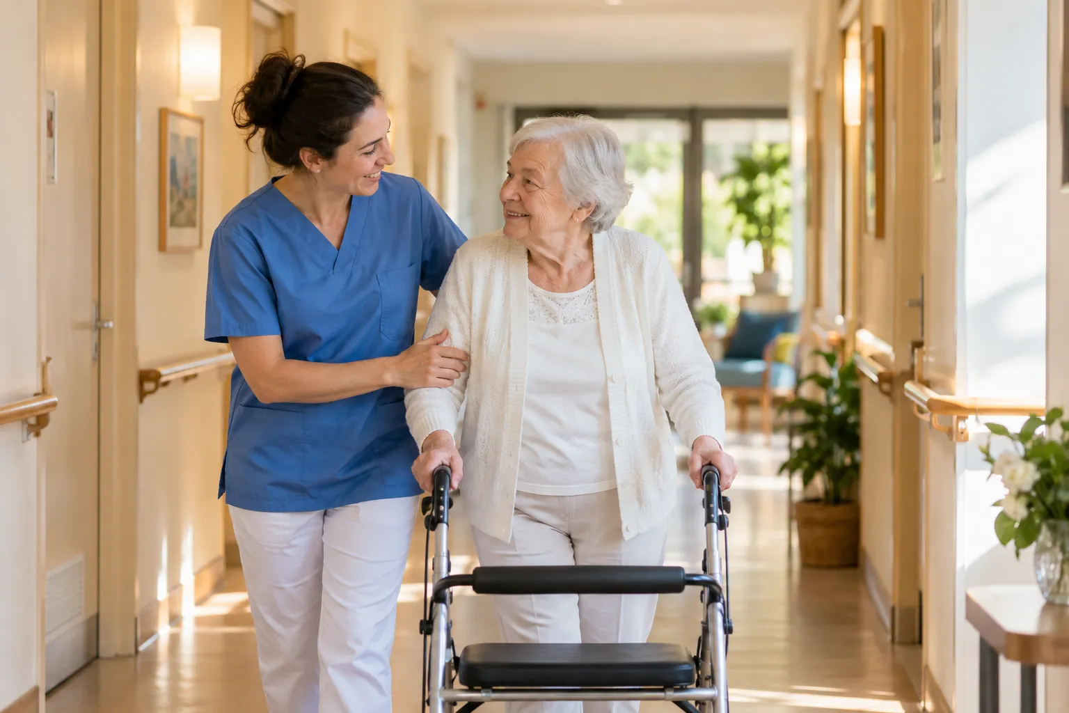 Soignante accompagnant une personne âgée avec un déambulateur en établissement