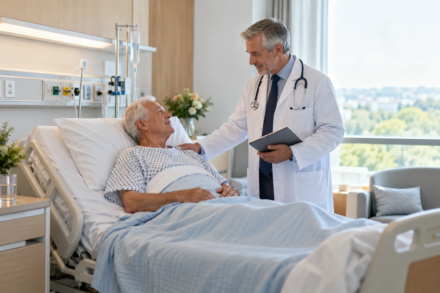 Patient senior hospitalisé discutant avec un médecin