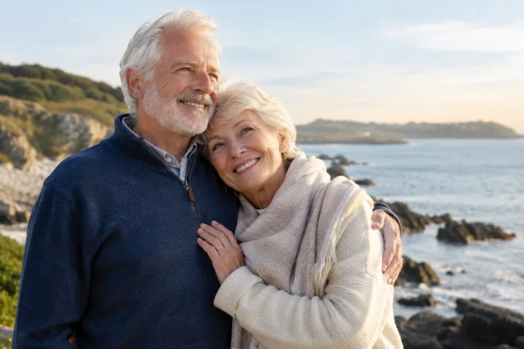 Couple de retraités enlacés au bord de la mer