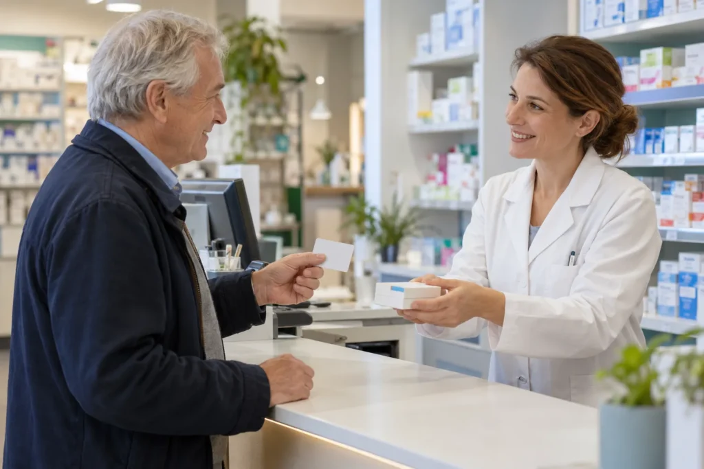 Senior présentant sa carte de santé au comptoir d'une pharmacie
