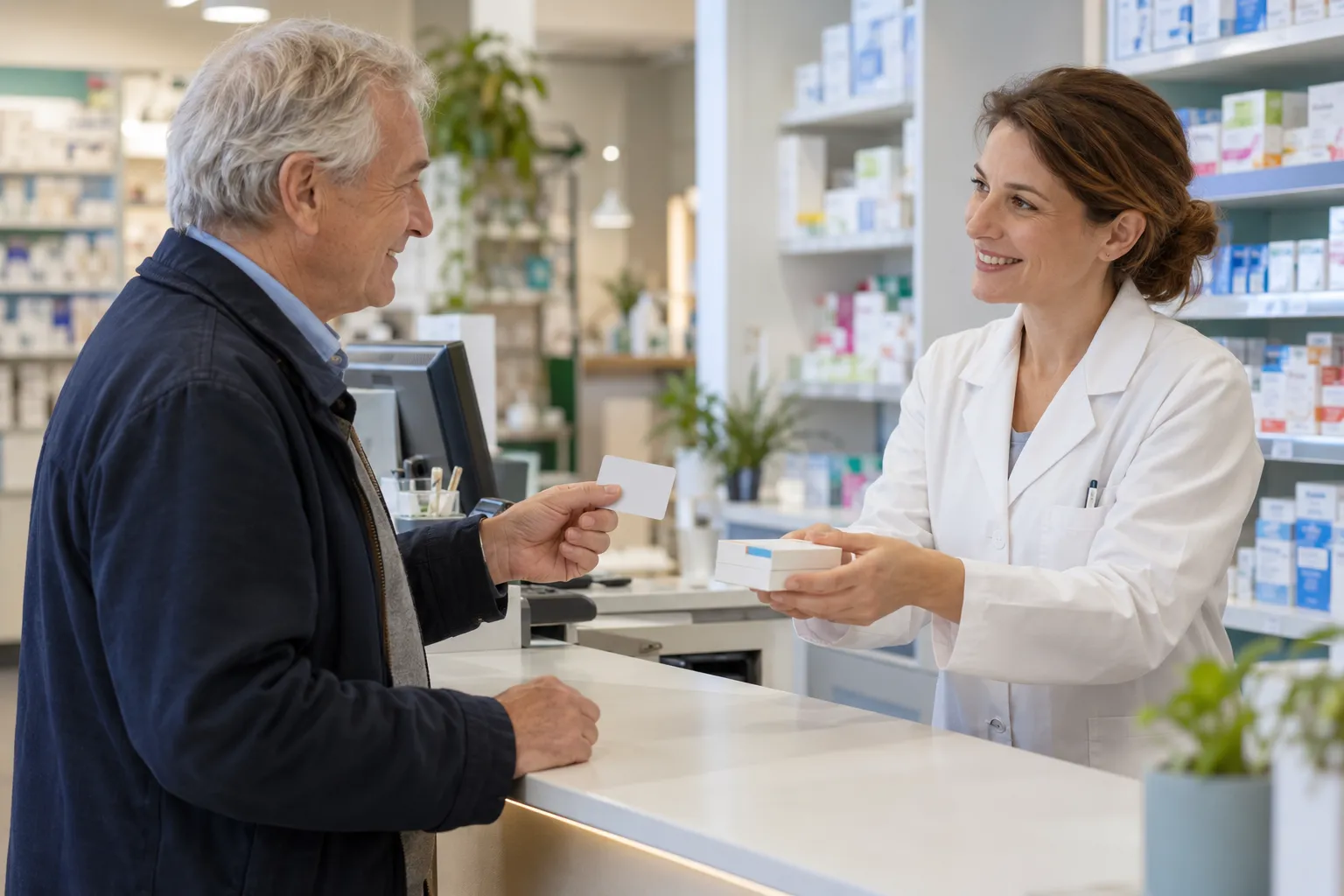 Senior présentant sa carte de santé au comptoir d'une pharmacie