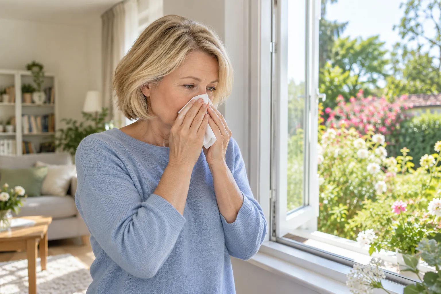 Femme senior gênée par le pollen près d'une fenêtre ouverte sur un jardin