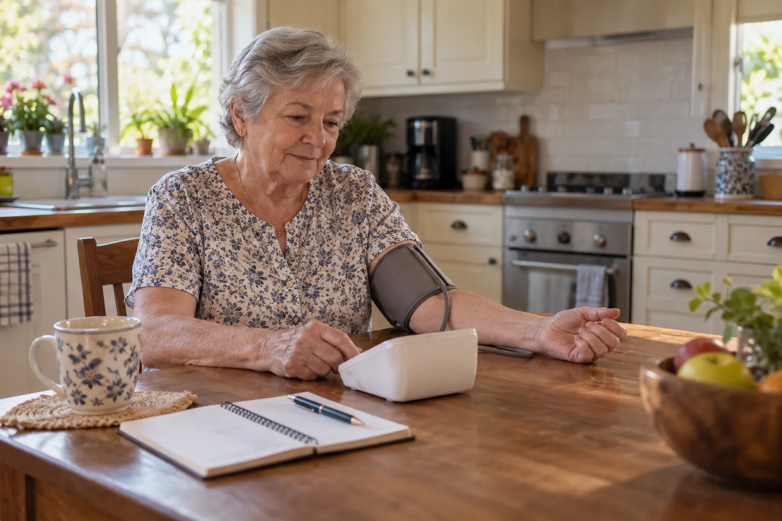 Femme senior mesurant sa tension avec un tensiomètre dans sa cuisine