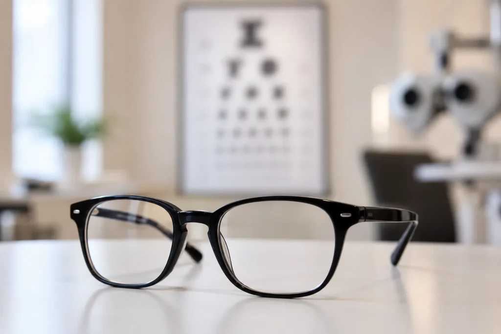 Lunettes de vue posées devant un tableau d'examen de la vue