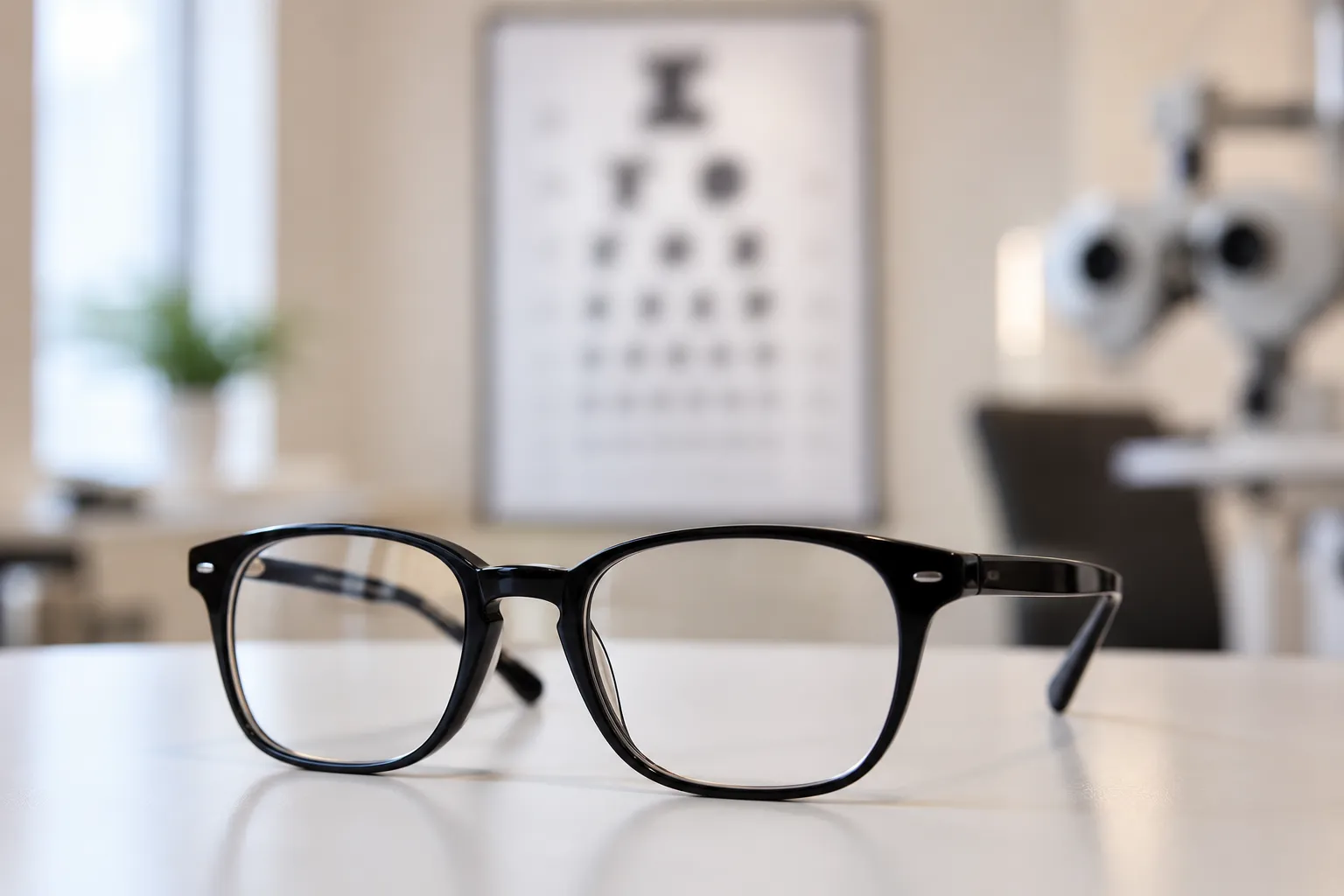 Lunettes de vue posées devant un tableau d'examen de la vue