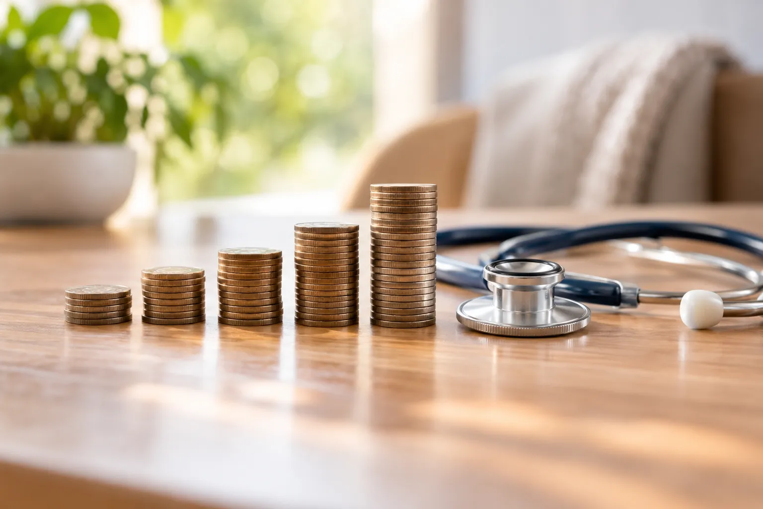 Piles de pièces de monnaie croissantes à côté d'un stéthoscope