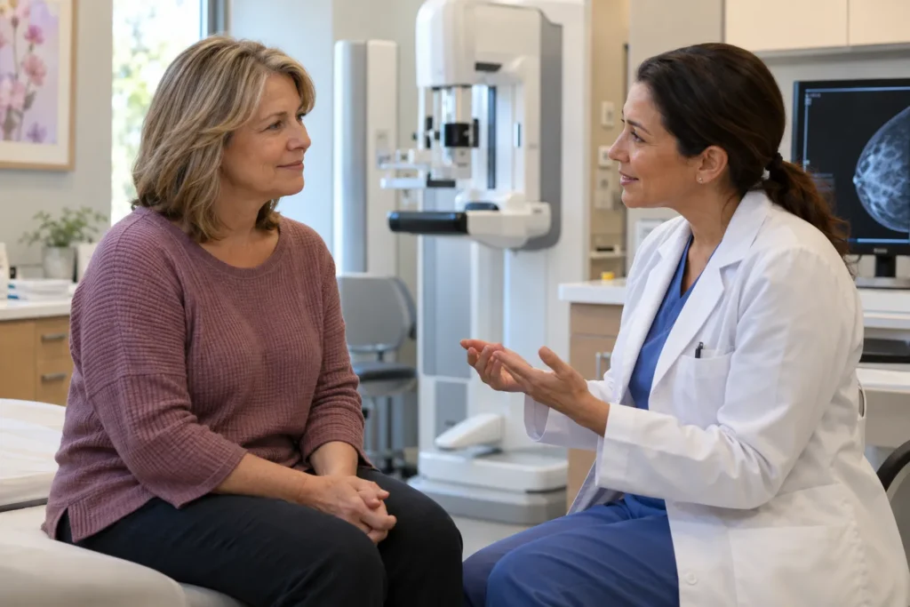 Femme échangeant avec une médecin avant un dépistage