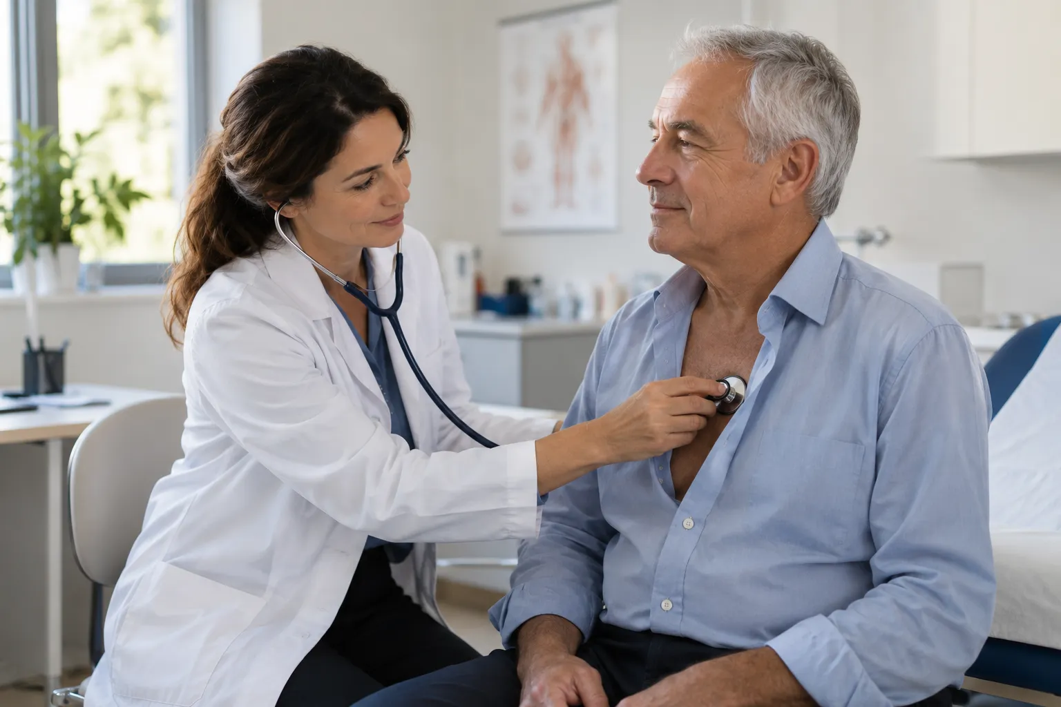 Médecin écoutant le cœur d'un homme senior