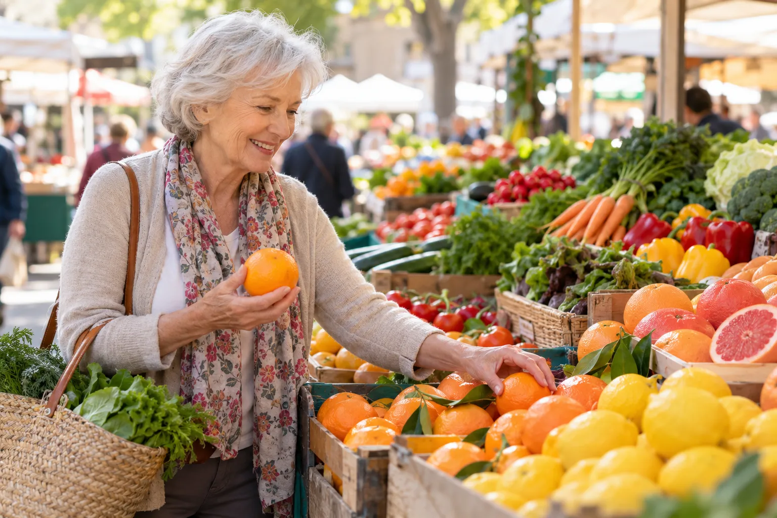 Femme senior choisissant des fruits au marché