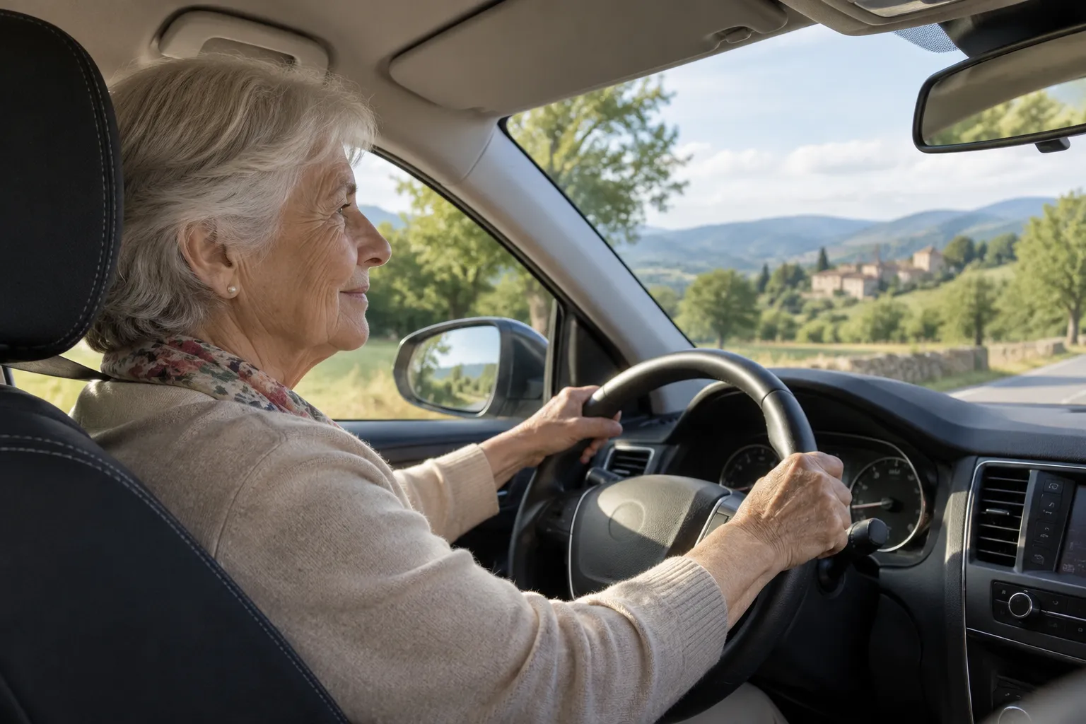 Femme senior au volant sur une route de campagne