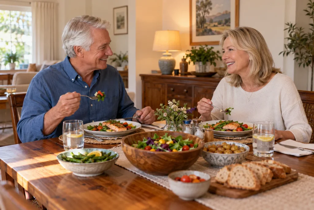 Couple de retraités partageant un repas équilibré