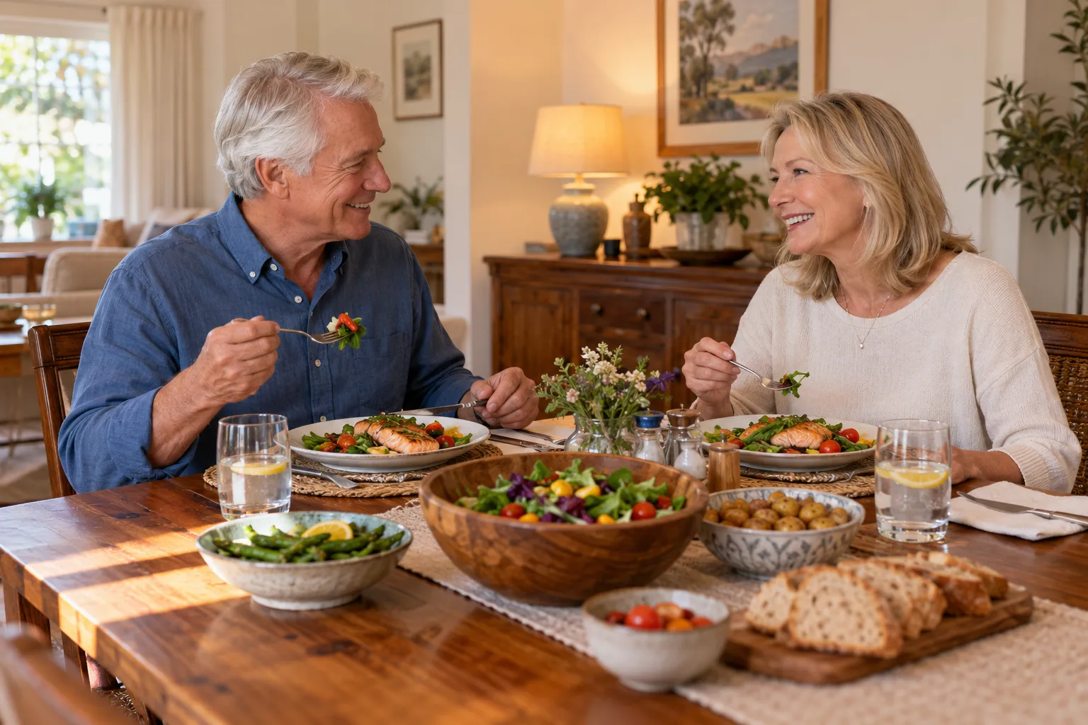 Couple de retraités partageant un repas équilibré