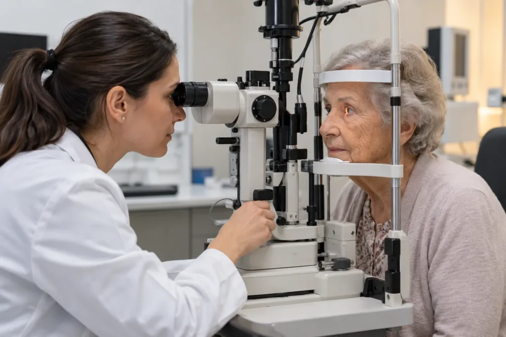 Ophtalmologiste examinant les yeux d'une femme âgée