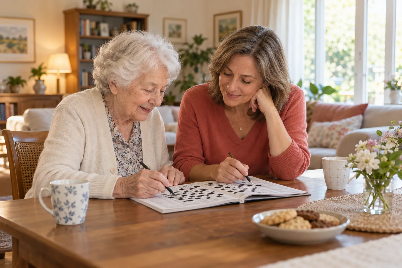 Femme âgée faisant des mots croisés avec sa fille