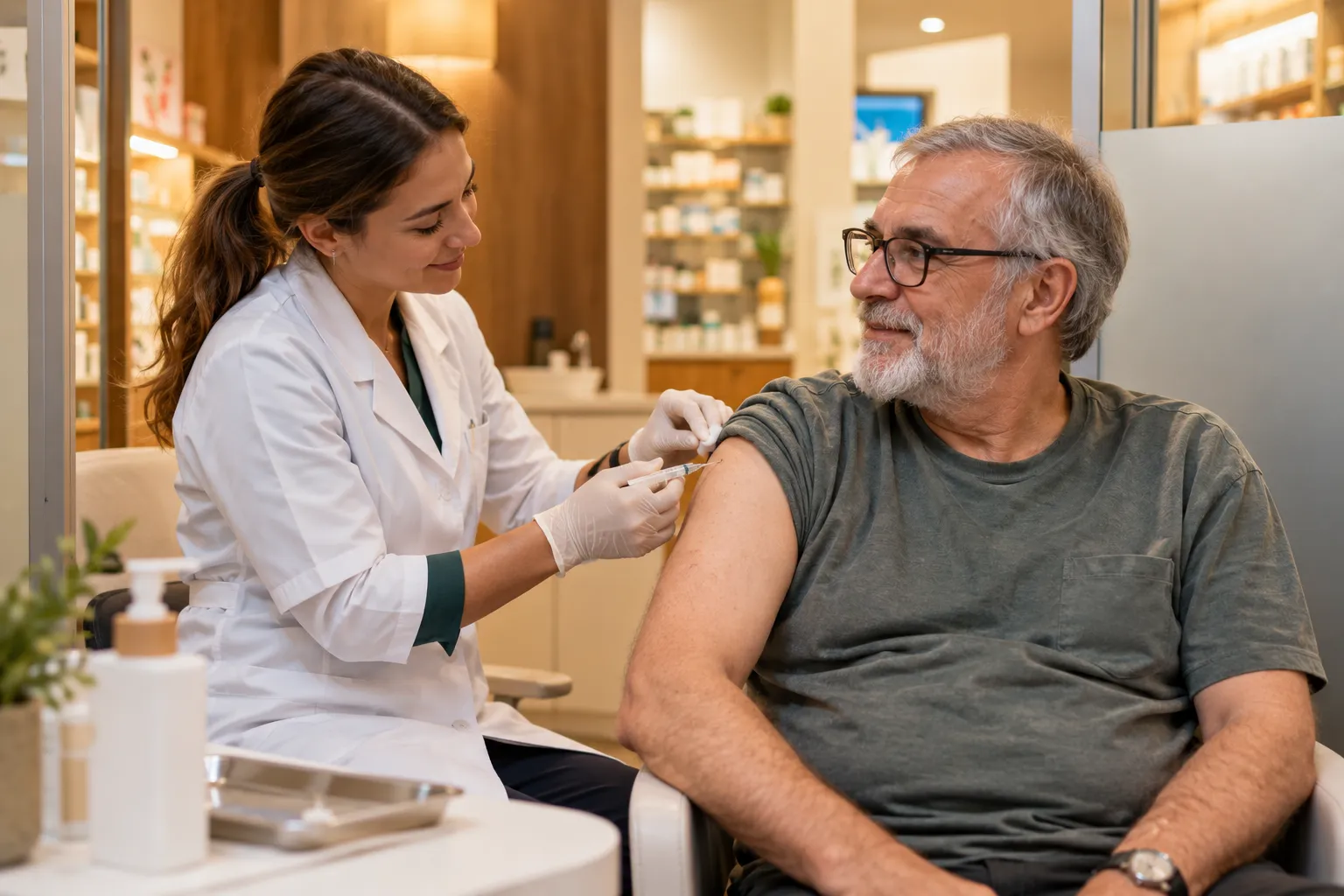 Pharmacienne vaccinant un homme senior