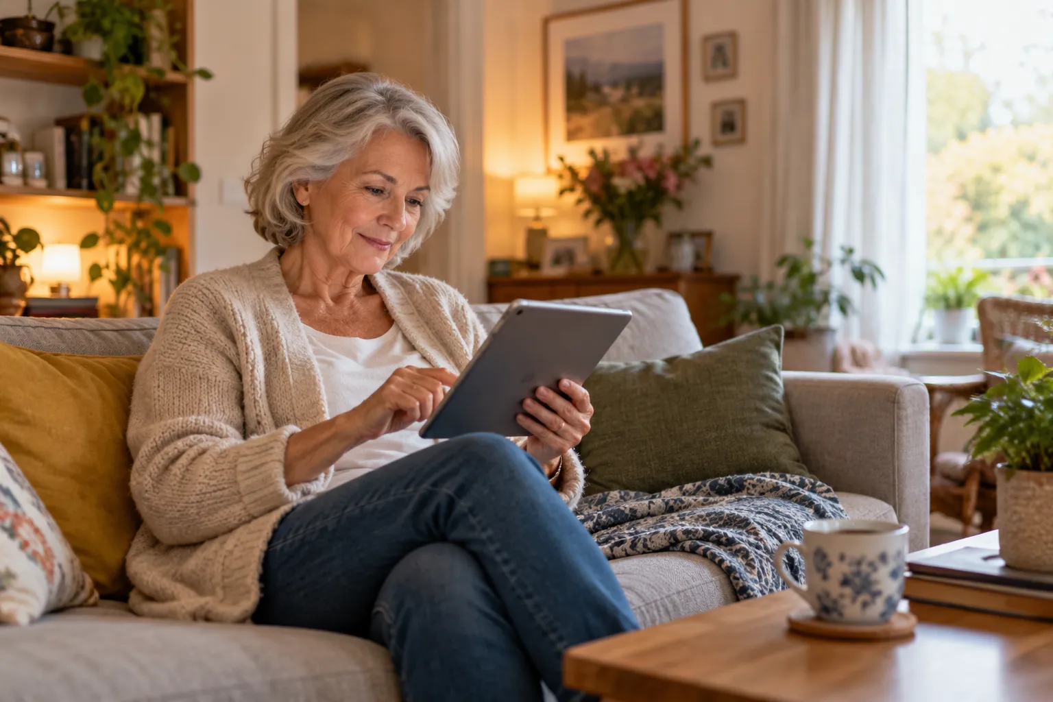 Femme senior consultant son dossier de santé sur tablette
