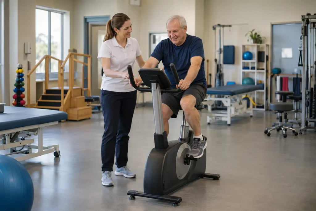 Homme senior en rééducation sur un vélo d'appartement