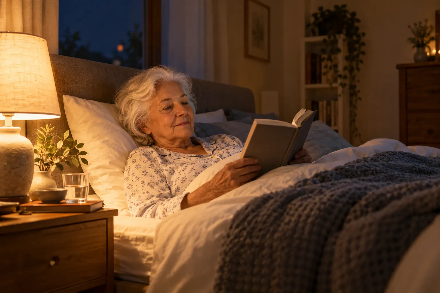Femme âgée lisant au lit le soir