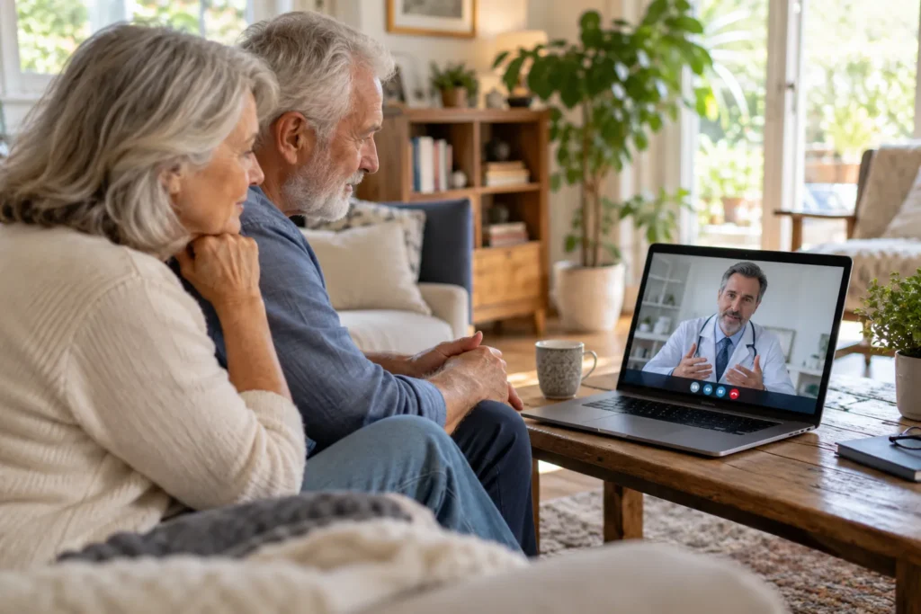 Couple de seniors en téléconsultation avec un médecin sur ordinateur portable