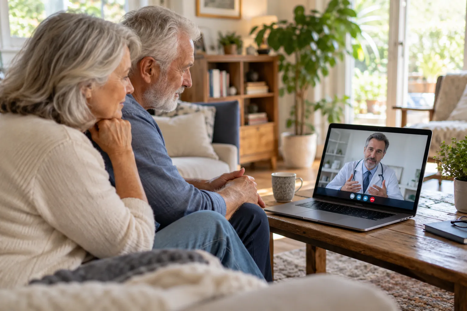 Couple de seniors en téléconsultation avec un médecin sur ordinateur portable