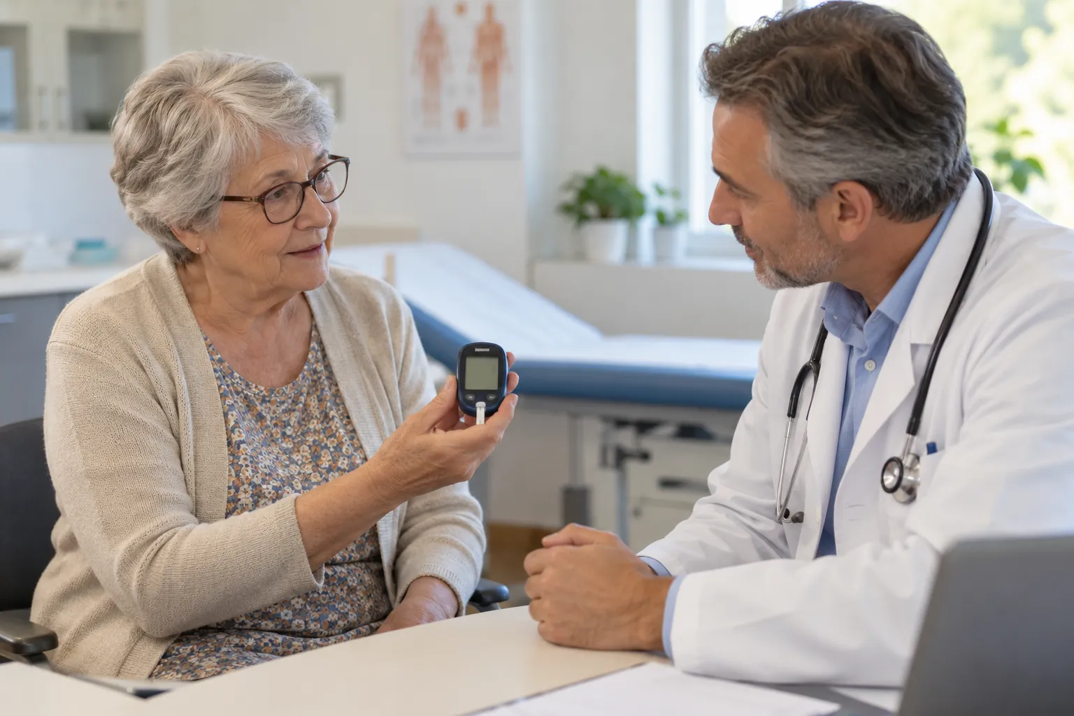 Femme senior montrant son lecteur de glycémie à son médecin