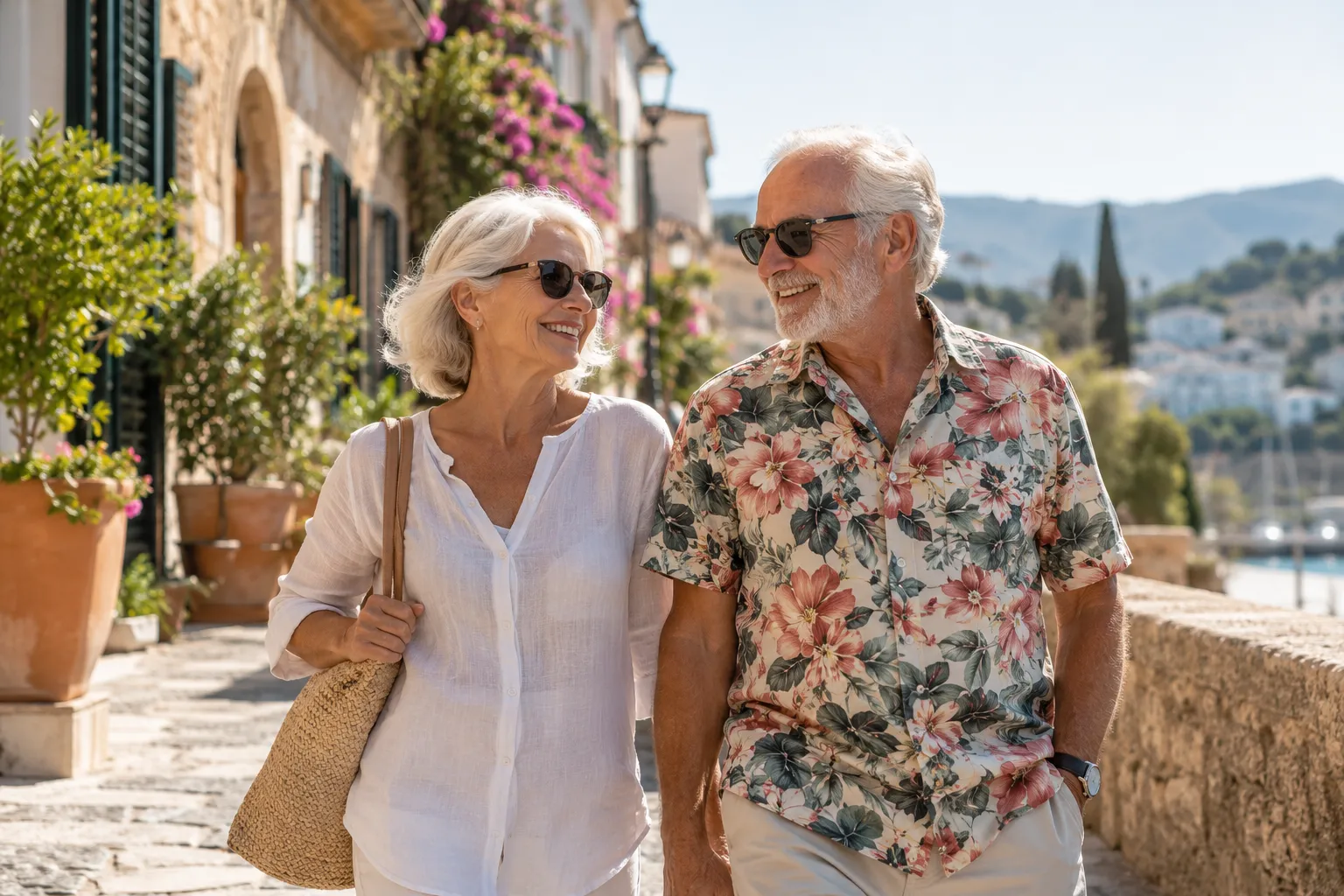 Couple de retraités se promenant dans une rue ensoleillée d'Europe du Sud