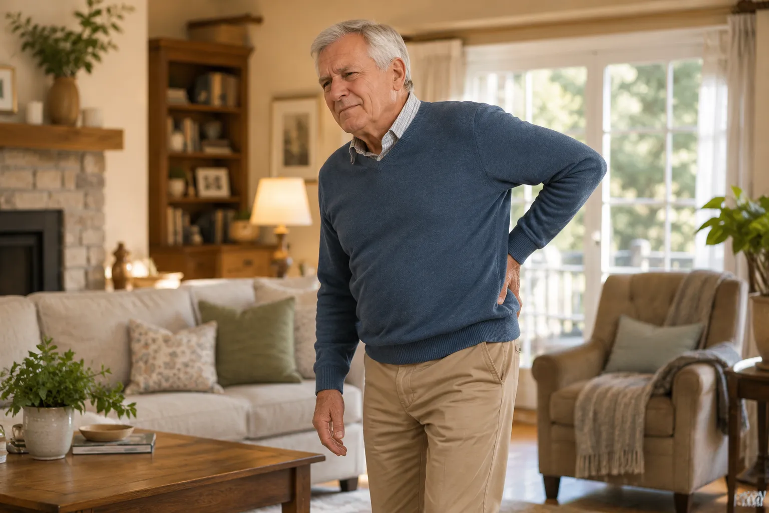 Homme senior souffrant du bas du dos dans son salon