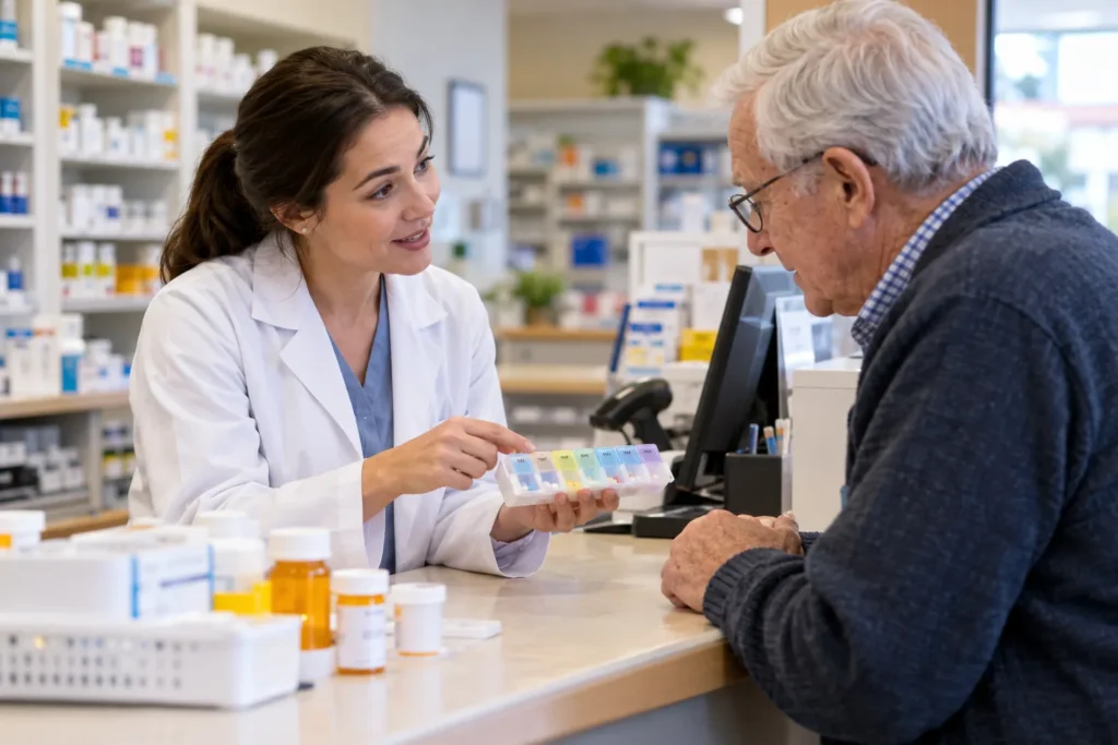 Pharmacienne expliquant un pilulier à un homme âgé