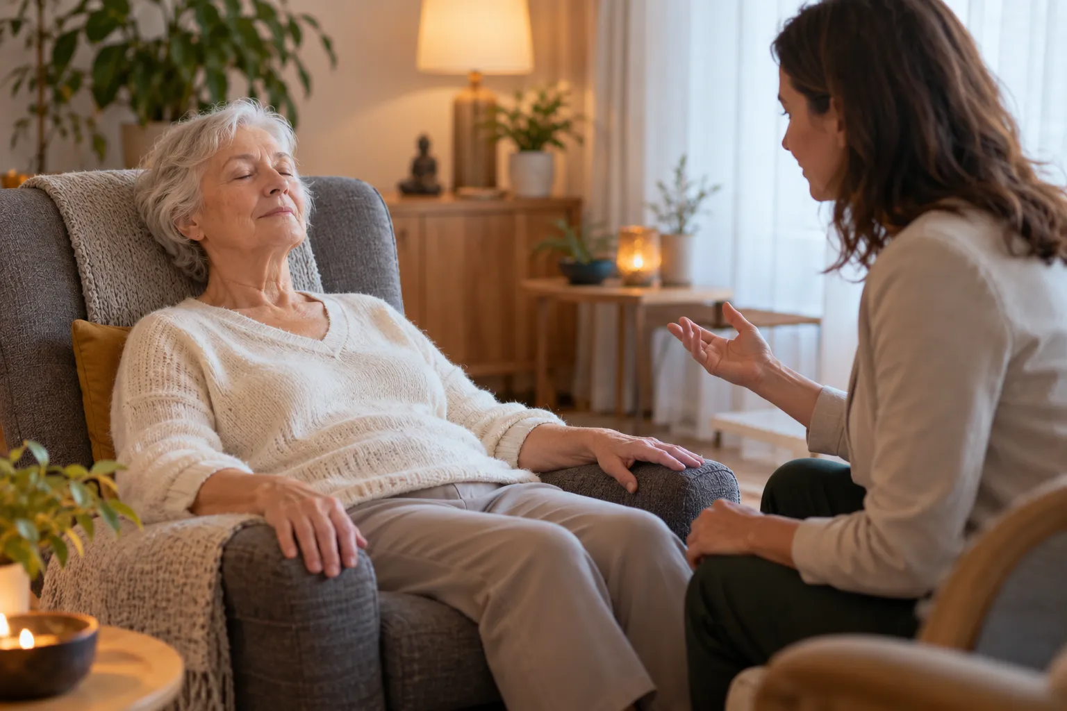 Femme senior détendue pendant une séance d'hypnose