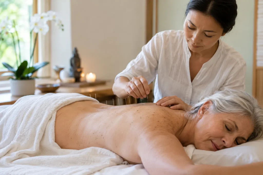 Séance d'acupuncture pour une femme senior