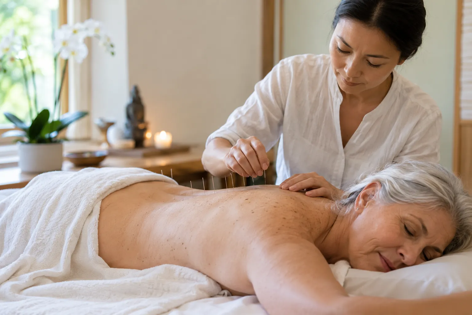 Séance d'acupuncture pour une femme senior