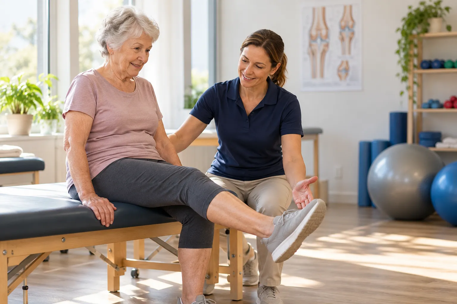 Femme senior faisant des exercices pour les genoux avec une kinésithérapeute