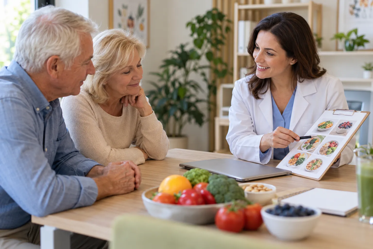 Nutritionniste présentant un plan de repas à un couple de seniors