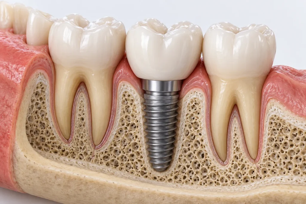 Coupe d'une mâchoire montrant un implant dentaire entre deux dents